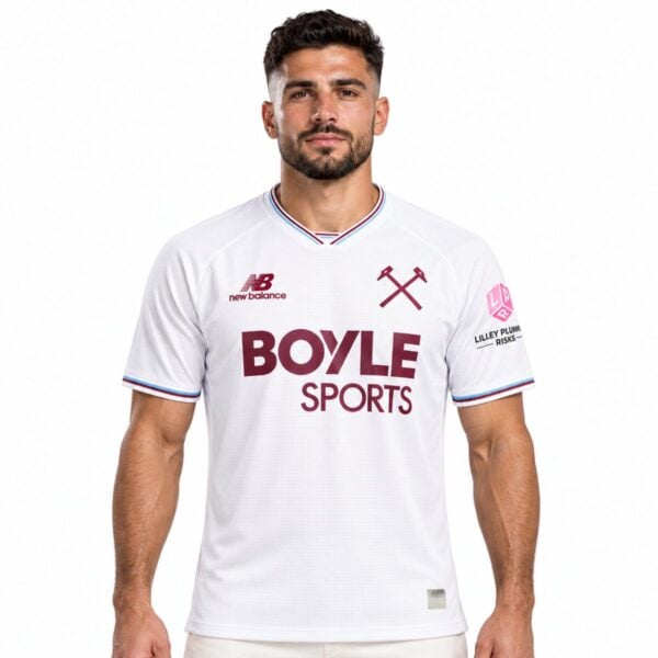 West Ham United away jersey 2026 2027 white front view with claret crossed hammers crest and tipped V-neck