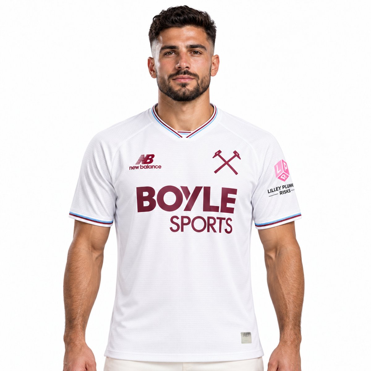 West Ham United away jersey 2026 2027 white front view with claret crossed hammers crest and tipped V-neck - UAE SPORT STORE West Ham United away jersey 2026 2027 white front view with claret crossed hammers crest and tipped V-neck