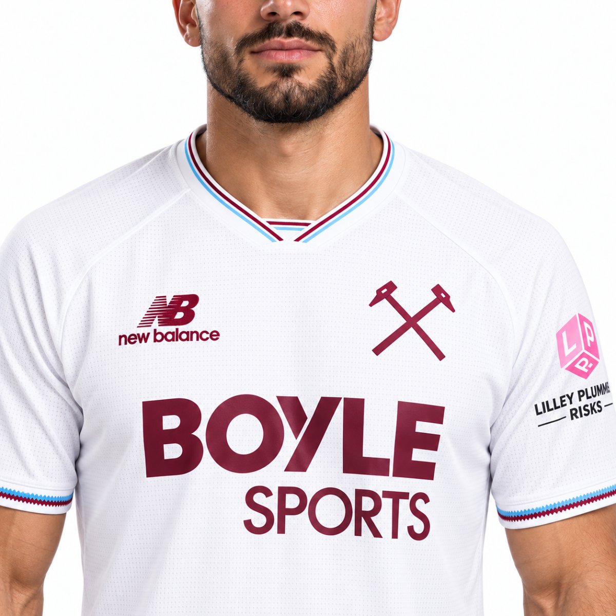 West Ham United away jersey close-up of claret and sky blue tipped V-neck and crossed hammers crest - UAE SPORT STORE West Ham United away jersey close-up of claret and sky blue tipped V-neck and crossed hammers crest