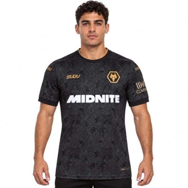 Wolves third jersey 2026 2027 black front view with tonal damask print and gold wolf head crest