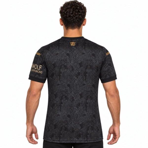 Wolves third jersey back view black with all over damask print and WW 150 mark at the neck