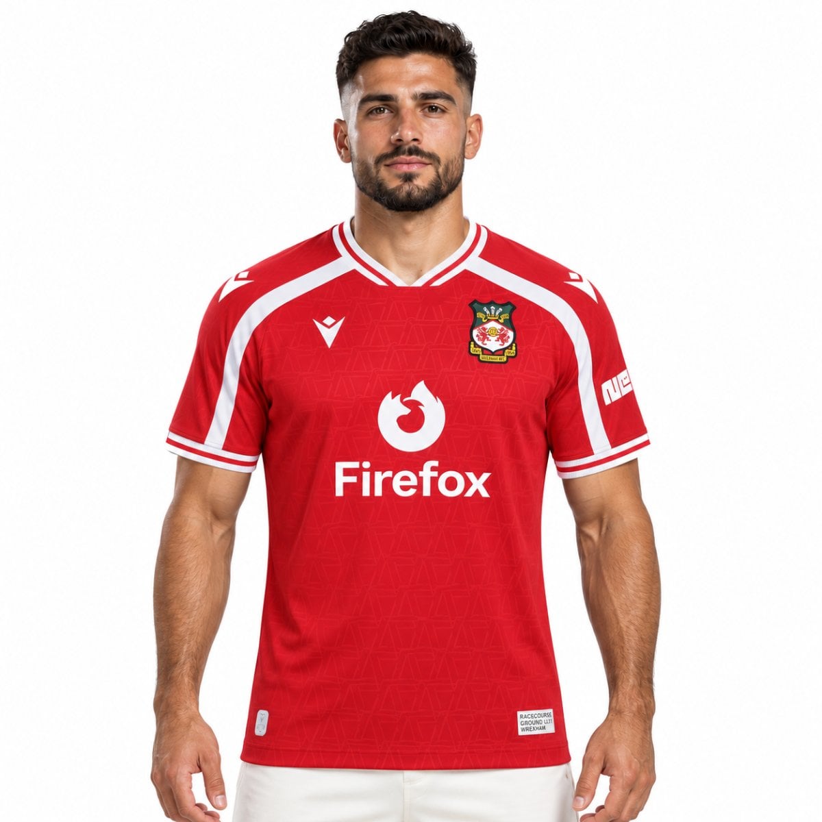 Wrexham home jersey 2026 2027 red front view with white raglan panels crest and Firefox sponsor - UAE SPORT STORE Front of the red Wrexham shirt with white Firefox lettering and sleeve trim.