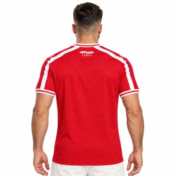 Wrexham home jersey back view red with white shoulder stripes and 1864 flag graphic at the neck
