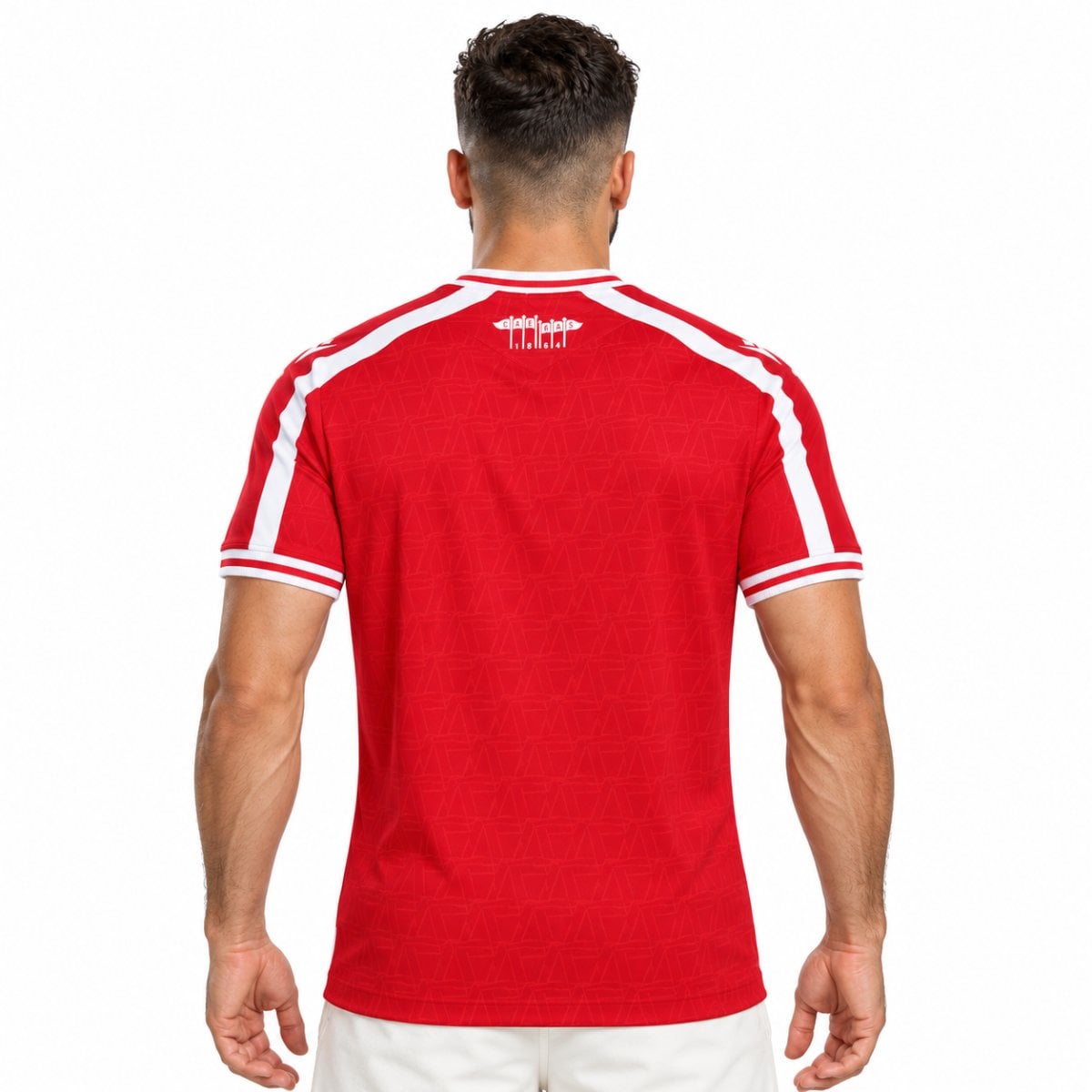 Wrexham home jersey back view red with white shoulder stripes and 1864 flag graphic at the neck - UAE SPORT STORE Wrexham home jersey back view red with white shoulder stripes and 1864 flag graphic at the neck