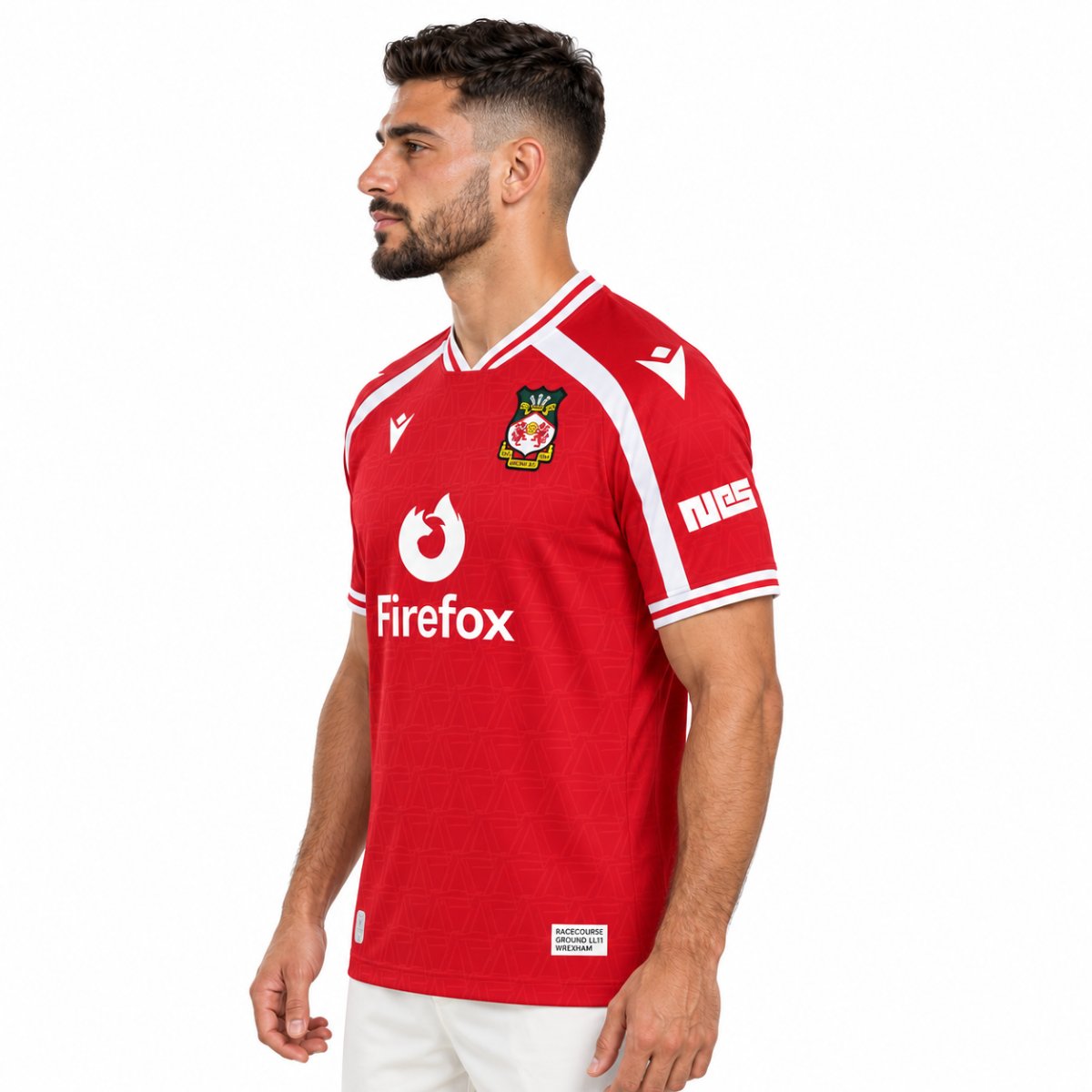 Wrexham home jersey side angle showing white sleeve panel and sleeve sponsor - UAE SPORT STORE Wrexham home jersey side angle showing white sleeve panel and sleeve sponsor