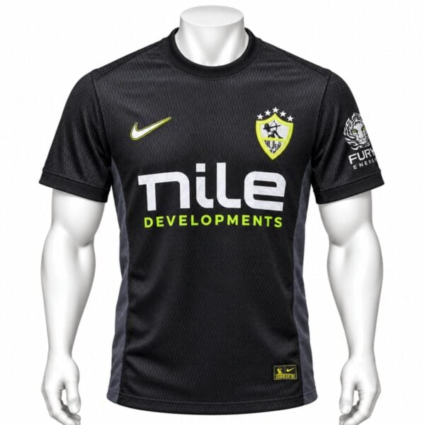 Zamalek away player version jersey 2026 2027 black front view with neon yellow shield and five white stars - UAE SPORT STORE Zamalek away player version jersey 2026 2027 black front view with neon yellow shield and five white stars