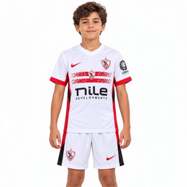 Zamalek home kids kit 2026 2027 front view white jersey with red pixel bands and white shorts - UAE SPORT STORE Zamalek home kids kit 2026 2027 front view white jersey with red pixel bands and white shorts