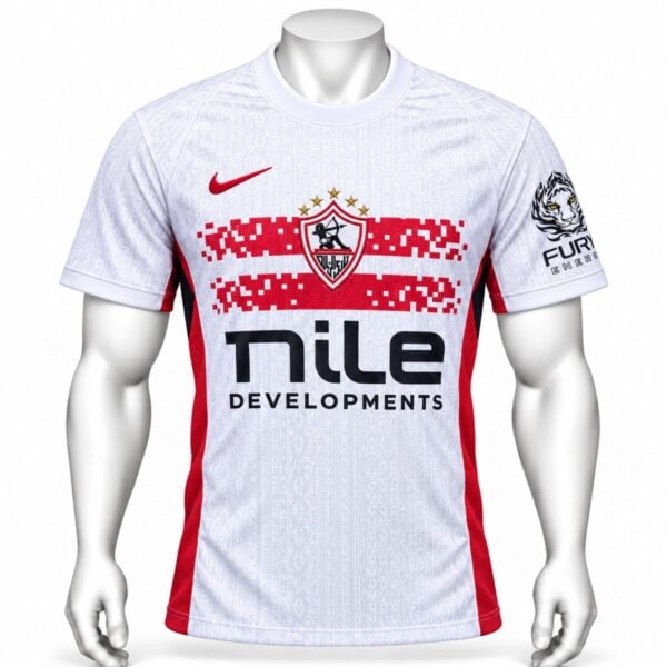 Zamalek home player version jersey 2026 2027 white front view with pixelated red bands and embroidered shield - UAE SPORT STORE Zamalek home player version jersey 2026 2027 white front view with pixelated red bands and embroidered shield